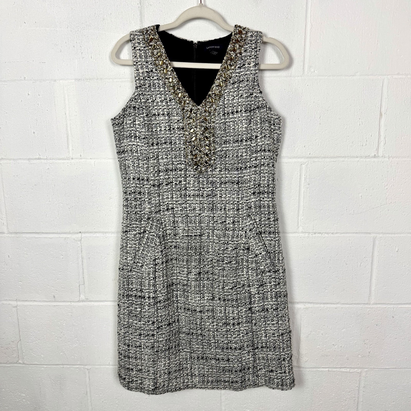 Lands End Wool Blend Tweed Sheath Dress Size 8 Lined Gem Embellished Old Money